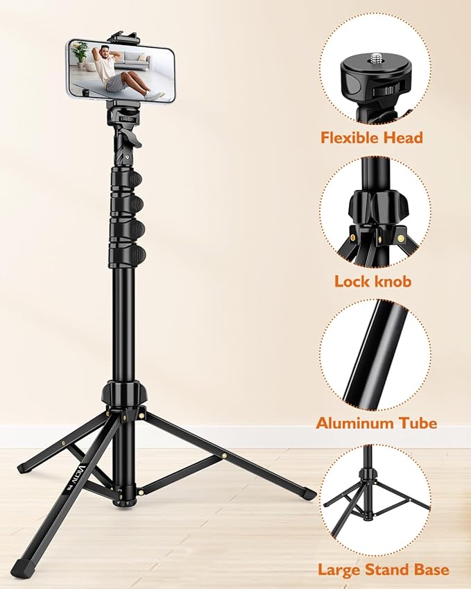 Phone Tripod, 85" Tall Tripod for iPhone with Remote, Gooseneck and Phone Holder, Overhead Phone Stand for Video Recording Watching Cooking Fitness Vlog, Compatible with iPhone Android, Black