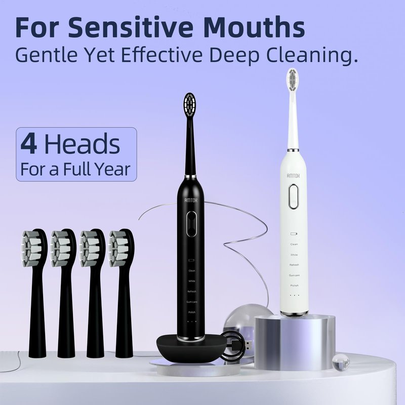 CWX Sonic Rechargeable Electric Toothbrush, Cordless with Fast Wireless Charging, 5 Cleaning Modes & 3 Intensity, 60-Day Battery Life, 4 Brush Heads, Travel Case, IPX7 Waterproof