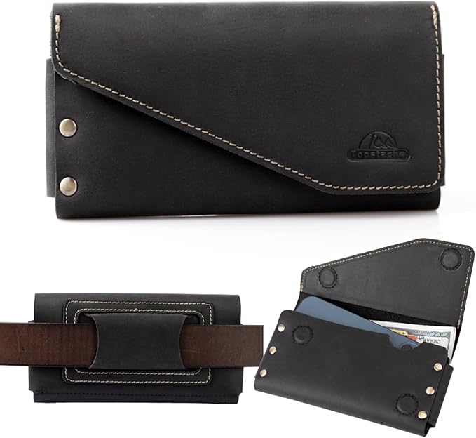 Topstache Belt Loop Leather Cell Phone Holster for iPhone 17/16/15 Pro Max, Galaxy S25/S24 Ultra - Magnetic Closure Cell Phone Pouch - Leather Belt Holder Fit Protective Case on, XL,Black