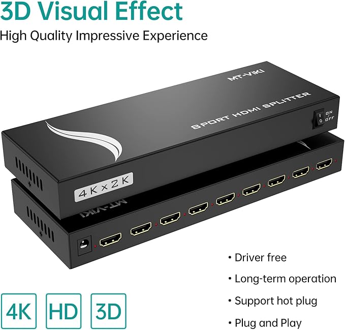 MT-VIKI HDMI Splitter 1 in 8 Out, Powered 8 Port HDMI Signal Duplicator Supports 4K@30Hz, Long Distance Transmission for Conference Room, Church,Classroom, Retail Display