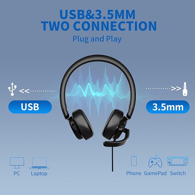 awatrue USB Headset with Microphone for PC, Computer Headset with Noise Canceling Microphone for PC Laptop, in Line Mute Controls, Wired Headset for Work from Home/Office/Call Center/Teams/Zoom