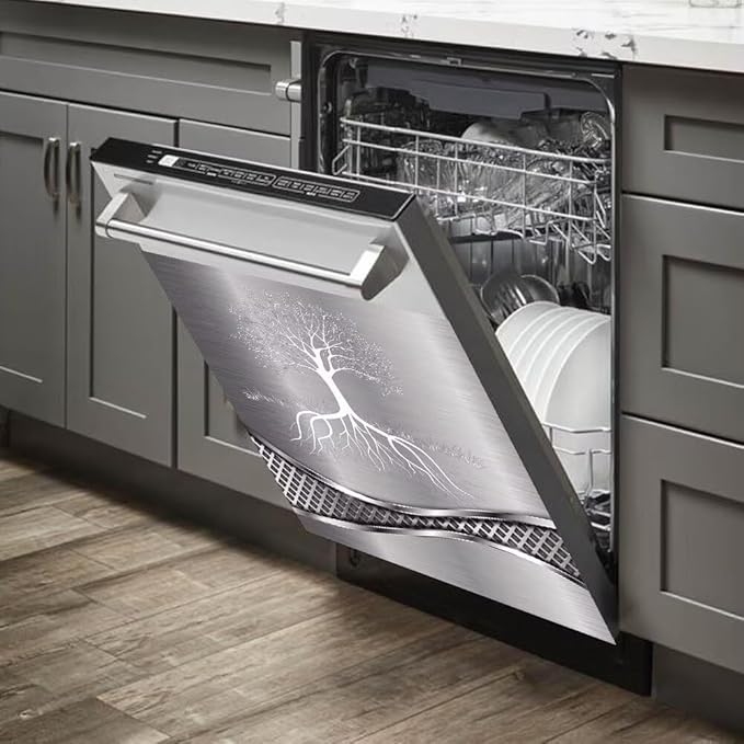Stainless Steel Design Tree Wallpaper Dishwasher Magnetic Cover Sticker Refrigerator Door Panel Fridge Appliance Magnet Decal Sheet Kitchen Decor 23x26 inch