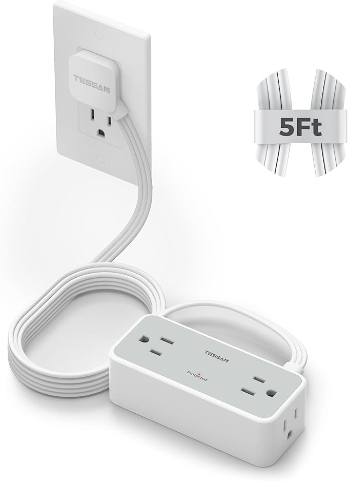 TESSAN Flat Plug Extension Cord 5 FT, Surge Protector Power Strip with 4 AC Outlets, 900 Joules Protection, Multiple Wall Outlet Extender Suitable for Office Dorm, Grey