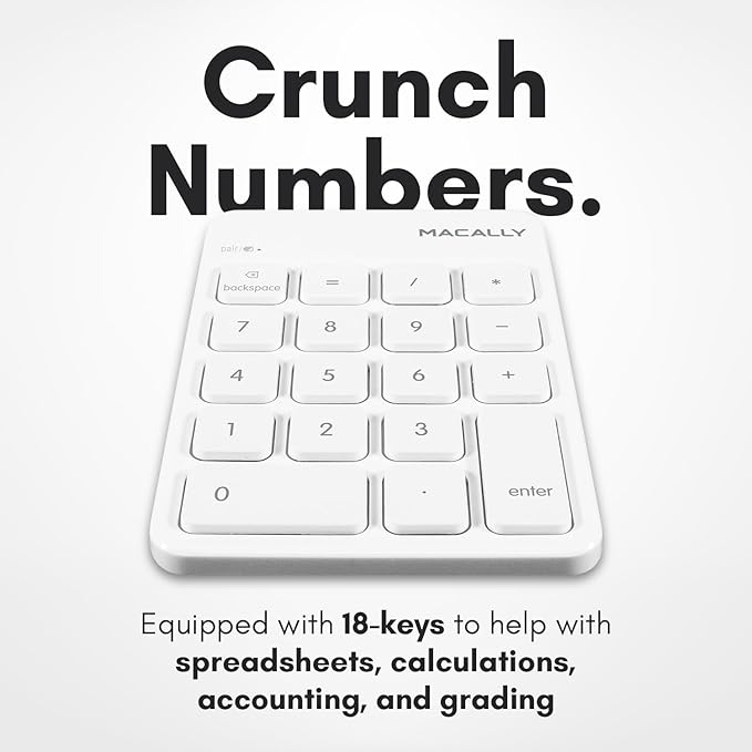 Macally Bluetooth Number Pad for Laptop, Apple, Mac, iMac, MacBook Pro/Air, Ipad, Windows PC, Tablet, or Computer - Rechargeable 18 Key Wireless Numeric Keypad - Bluetooth 10 Key Numpad Keyboard