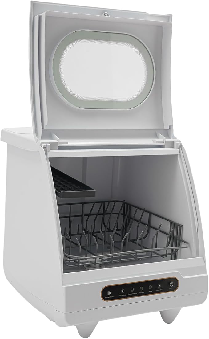Portable Countertop Dishwasher, 1200W 110V Compact Dishes Cleaner with 360° Dual Spray& 5 Programs(Quick Wash/Strong Wash/Fruit & Veg Wash/Air Dry), Mini Dish Washer for Home, Dorm, RV & Apartment