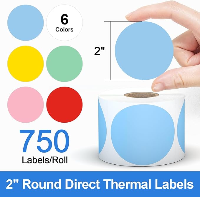 Printholic 6 Rolls 2" Color Circle Direct Thermal Stickers Labels, Self-Adhesive Round Thermal Labels Printer Stickers for Business, DIY, Code, Name Tag, Envelope Seal