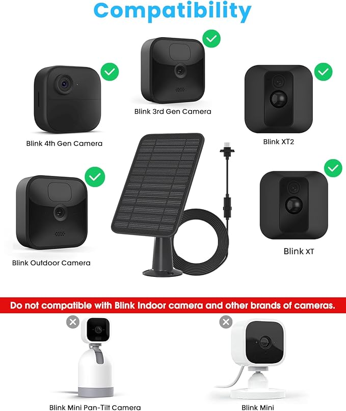 Solar Panel for Blink Outdoor 2K+/4(4th Gen)/Outdoor(3rd Gen) XT3 and XT2/XT Camera/Blink Outdoor Camera, 5W Solar Panel Charger with Mount 13.1ft Cable Rubber Plug, IP65 Waterproof, 1 Pack