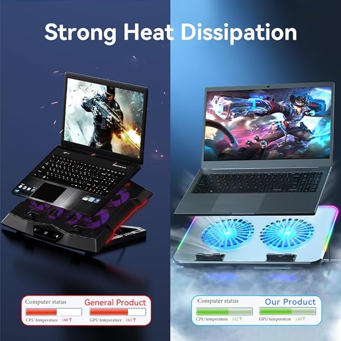 KYOLLY RGB Gaming Laptop Cooling Pad with Metal Panel, 2 Ultra Quiet Big Fans, 10 Lighting Modes, Phone Stand & 7 Height Adjustable Ergonomic Cooler for 10-15.6 Inch Laptops