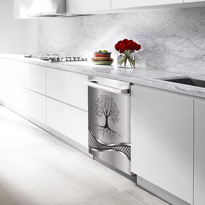 Imitation Stainless Steel Design Tree Painting Magnetic Dishwasher Cover Sticker,Kitchen Decor Magnet Cabinet Fridge Panel Decal Sticker 23W x 26H inchs