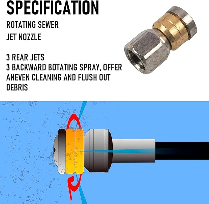 Xiny Tool Sewer Jetter Kit for Pressure Washer 200FT, 4000 PSI Drain Cleaner Hose 1/4 Inch NPT, Corner Rotating and Button Hose Sewer Jetting Nozzle Pearl Corsage Pin Tape Handle Strap Spanner, Blue