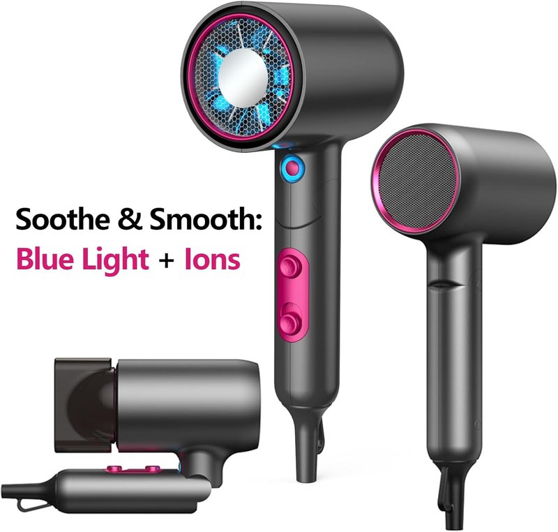 Portable Hair Dryer - Ionic Fast Drying with Blue Light Scalp Care | Foldable Design, 2 Speeds, Diffuser & Nozzle