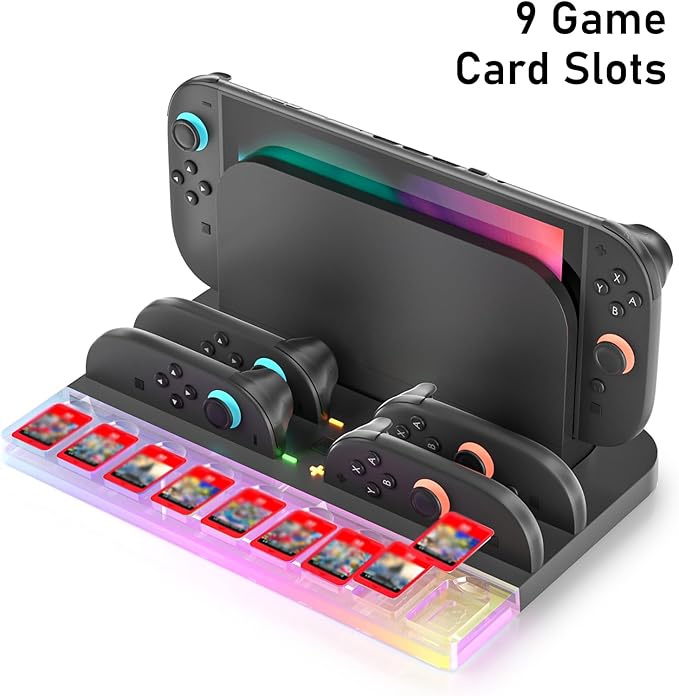 Charger Charging Dock for Nintendo Switch 2 (2025), Charging Dock Station for Joycon 2 with RGB Light Mode, 9 Game Slots, Game Accessories Storage Organizer
