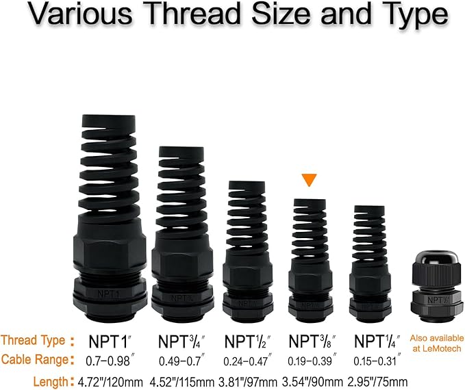 LeMotech 10Pcs NPT 3/8" IP68 Waterproof Cable Gland Flex Spiral Strain Relief Black Nylon Joint with Gaskets for 5-10mm Wire Thread