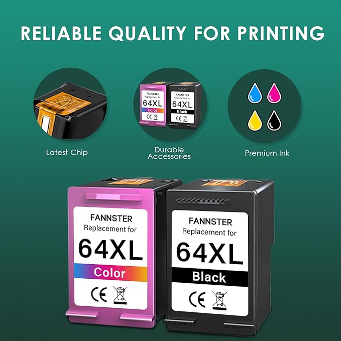 fannster 64XL Ink Cartridge Combo Pack Replacement for HP Ink 64 XL 64XL Black and Color Work for Envy Inspire 7955e 7255e Photo 7155 7855 7858 6222 Tango X Printer (1 Black 1 Tri-Color, 2 Pack)