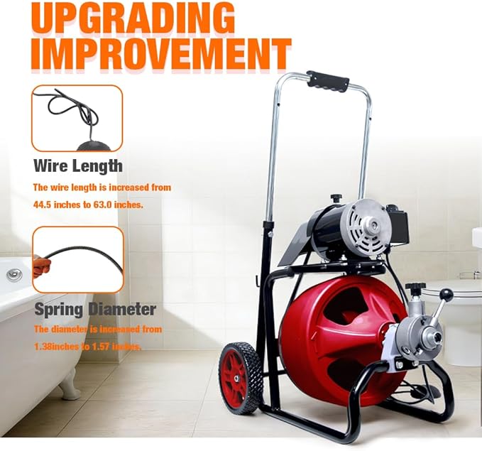 Drain Cleaner Machine 50FT x 3/8 Inch, Auto Feed Sewer Snake Drain Auger - Electric Drain Cleaning Machine Fits 1-1/4 Inch to 2 Inch Pipes, Portable Drain Auger Cleaner with 8 Cutters