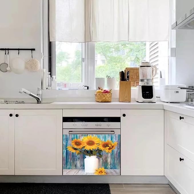 Colorful Wooden Background Kitchen Dishwasher Front Door Cover Decor, Vase Sunflower Fridge Panels Decals Vinyl Cover, Ordinary 23"x17"INCH