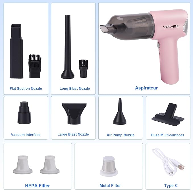 Vacvibe Handheld Car Vacuum Cleaner, 21000PA 4 in 1 Portable Rechargeable Brushless Motor Mini Cordless Car Cleaner, 120W High Power with Multi-Nozzles for Home Office Pet, Present for Girl Women Pink