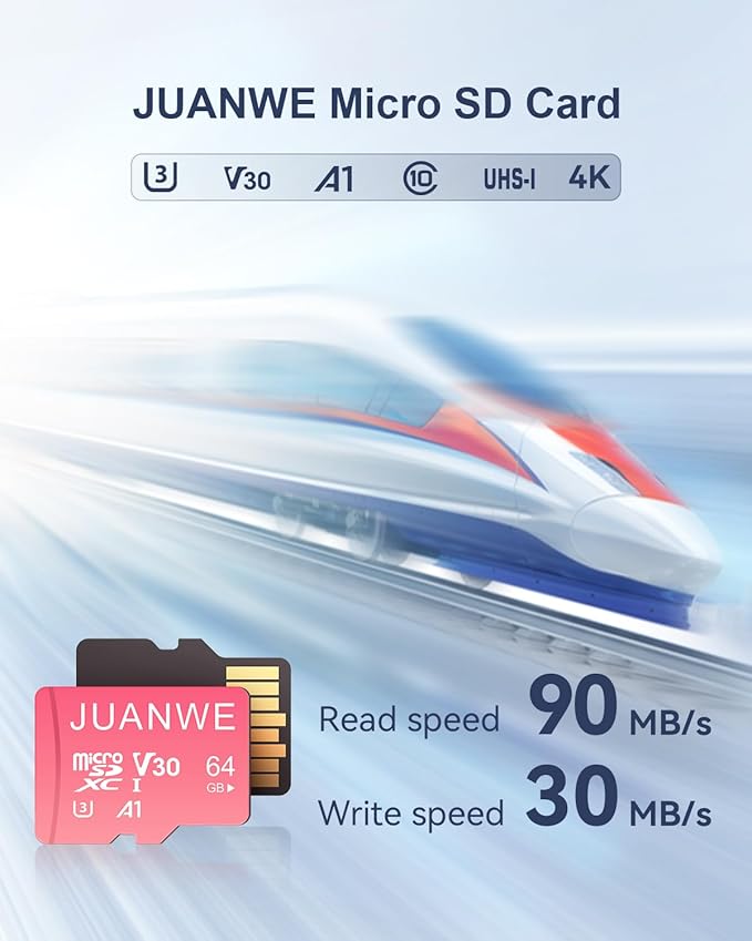 JUANWE 64GB Micro SD Card microSDXC Memory Card, 64GB Memory Card, UHS-I C10 U3 V30 4K UHD Video A1 TF Card with Adapter (Pink)