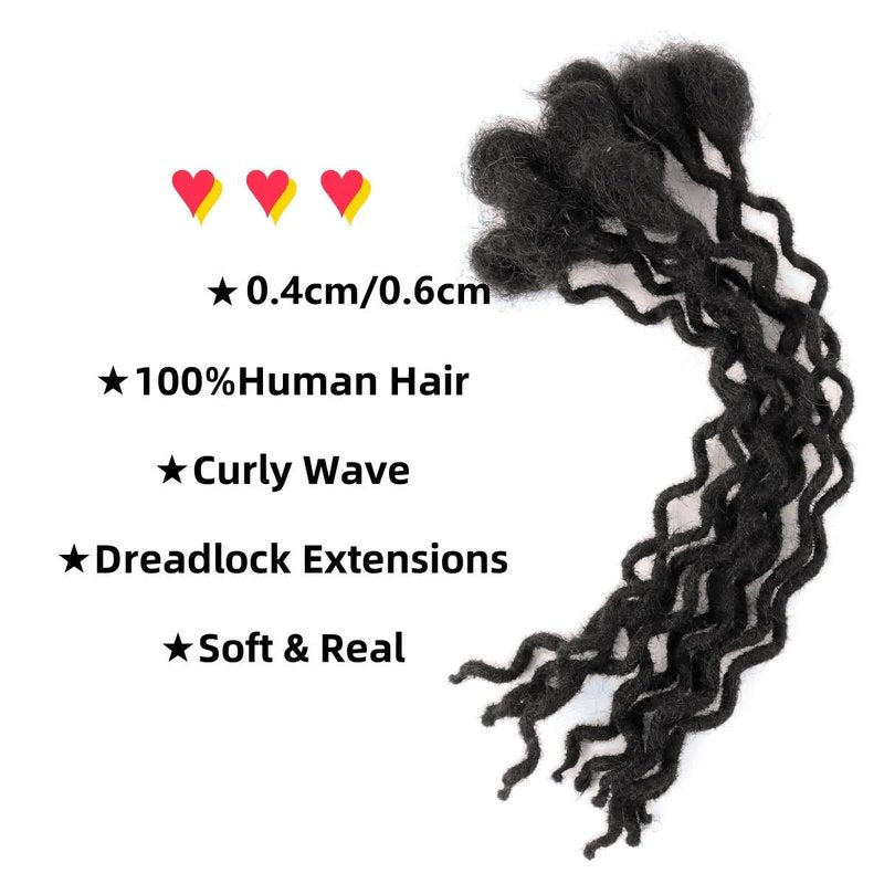 Curly Wavy Loc Extensions Human Hair 8Inch 0.6cm Width 10 Strands Dreadlock Extensions Full Handmade Permanent 100% Human Hair Can Be Dyed Bleached for Women Men Kids Natural Black
