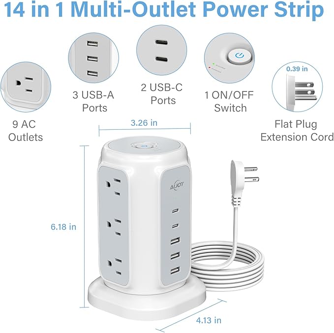 AiJoy Flat Plug Power Strip Tower 9 Outlets and 5 USB Ports (2 USB-C), 1200J Surge Protection, 6.5ft 1625W Extension Cord Charging Station for Home, Office Supplies, Dorm Essentials