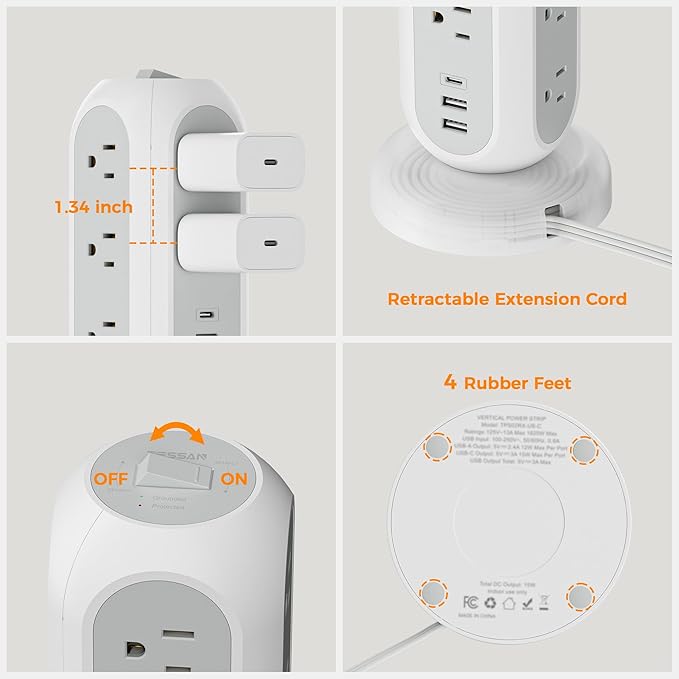 TESSAN Tower Power Strip Flat Plug with 11 Outlets 3 USB (1 USB C), Surge Protector Tower 1625W/13A,1050J Protection, 5 Ft Retractable Extension Cord with Multiple Outlets, Office Desk Supplies, Grey