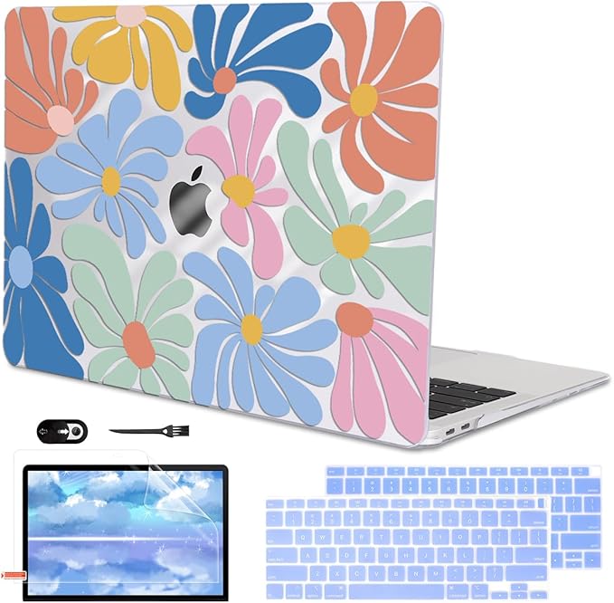 LCMOCICO for MacBook Air 13 inch Case 2021 2020 2019 2018 A2337 M1 A2179 A1932 Cover with Touch ID, Crystal Plastic Printed Pattern Hard Shell Case Keyboard Skin Screen Protector, Colorful Flowers