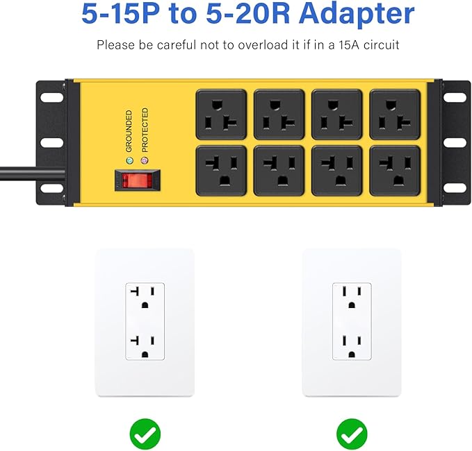 CCCEI Heavy Duty Power Strip Surge Protector 20 AMP Switch, 12 Gauge Extension Cord with Multiple Outlets, Industrial, Shop, Garage High Amp Wall Mount Electric Extender. 6FT, Yellow.