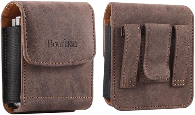 Bourisen Universal Phone Holster Phone Pouch Case Belt Clip Belt Loops Card Slot Faux Leather For Man for Samsung Galaxy Z Flip 5/4/3 Motorola Razr Plus Razr+ 2023 (Brown&Yellow, XS(3.7"x3.1"x1.1"))