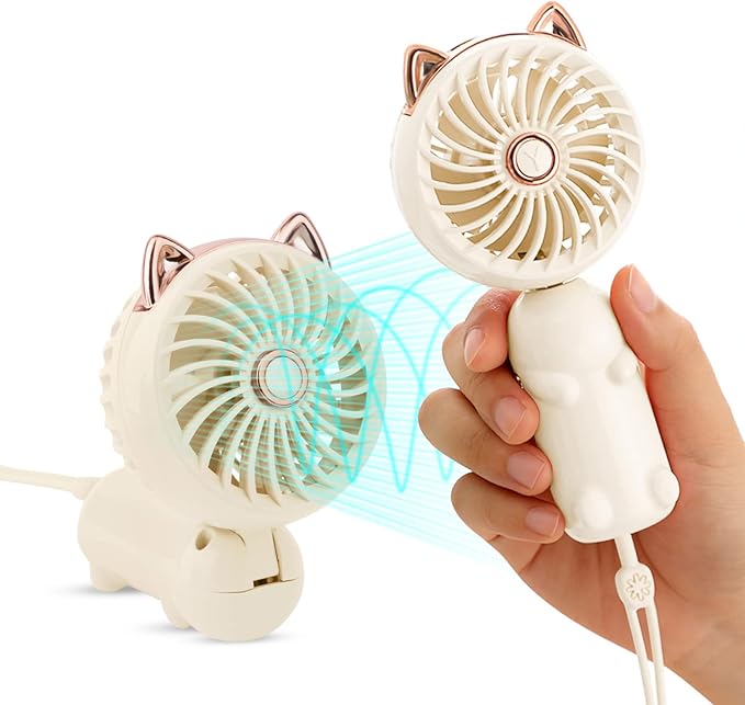 QearFun Handheld Lanyard Fan Portable, Mini Hand Held Fan with USB Rechargeable Battery, 3 Speed Strong Personal Table Fan, 8-12 Hours Small Makeup Fan for Girls Women Travel (White)