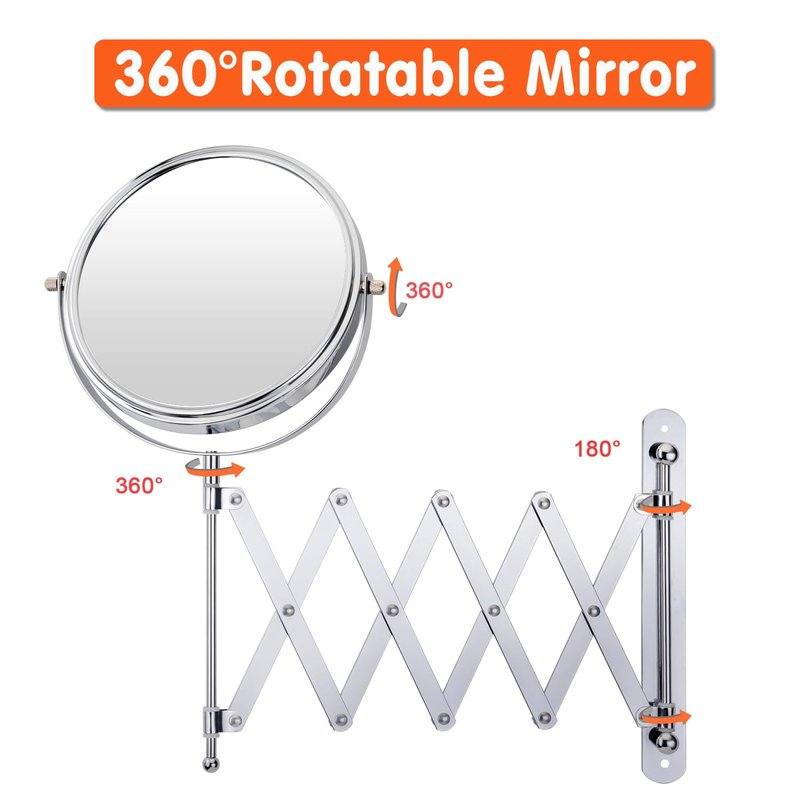 Welllink 8Inch Max Extendable Mirror for Bathroom, Space-Saving Screw Mount, 10X/1X Magnifying Mirror, HD Glass No Distortion Chrome, for Home Cloakroom Gift