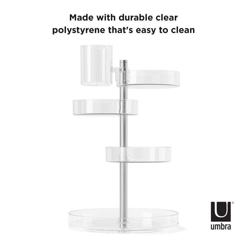 Umbra Pirouette Cosmetic Organizer, Large Capacity Makeup Storage with Adjustable Compartments, Clear/Nickel