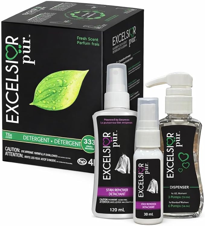 Excelsior PÃ¼r | 7.5x Ultra-Concentrated HE Liquid Laundry Detergent + Stain Remover Kit, 4L / 333 Loads, Fresh Scent, Eco-Dispenser Pump Bottle, Odor Control