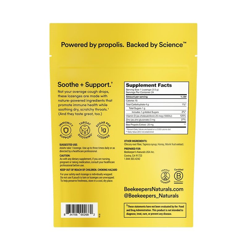 Beekeeper's Naturals Soothing Honey Cough Drops - Immune Support with Vitamin D, Zinc and Propolis Throat Soothing Lozenges, 24 Ct
