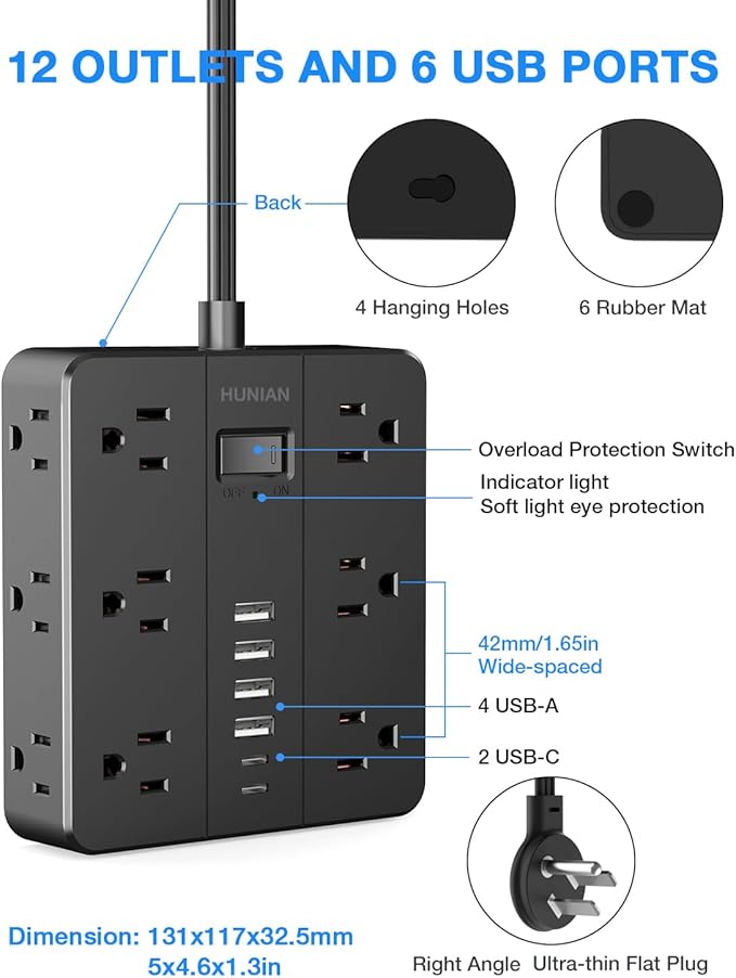 Flat Plug Power Strip, HUNIAN 5 Ft Extension Cord with 12 Widely Spaced Multiple Outlets 6 USB Charger (2 USB C Ports), Desk Charging Station for Home Office Supplies, Black