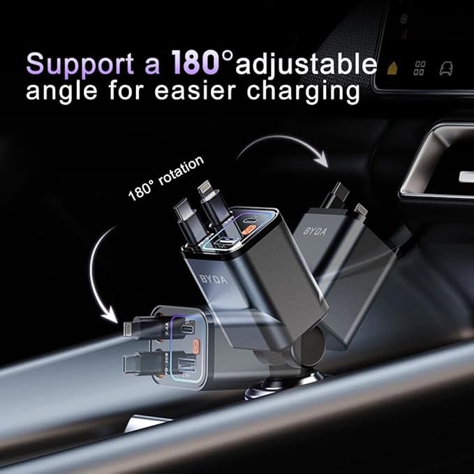 4 in 1 Retractable Car Charger with Starry Light,69W Cigarette Lighter Charger,USB C Fast Car Charger for iPhone 17 Pro Max 16 15 14 13 12 11 (for Apple+Type C &RGB Breathing Light [Pink])