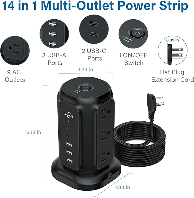 AiJoy Flat Plug Power Strip Tower with 9 AC Outlets and 5 USB Ports