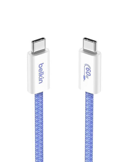 Belkin USB C to USB C Cable, 3.3ft, 60W - Type C Charger, iPhone Charger Cord, Soft, Braided, Flexible for iPhone 17, Galaxy S25, Pixel 9, Airpods, iPad Pro, Tablet & More, Travel Essentials - Blue