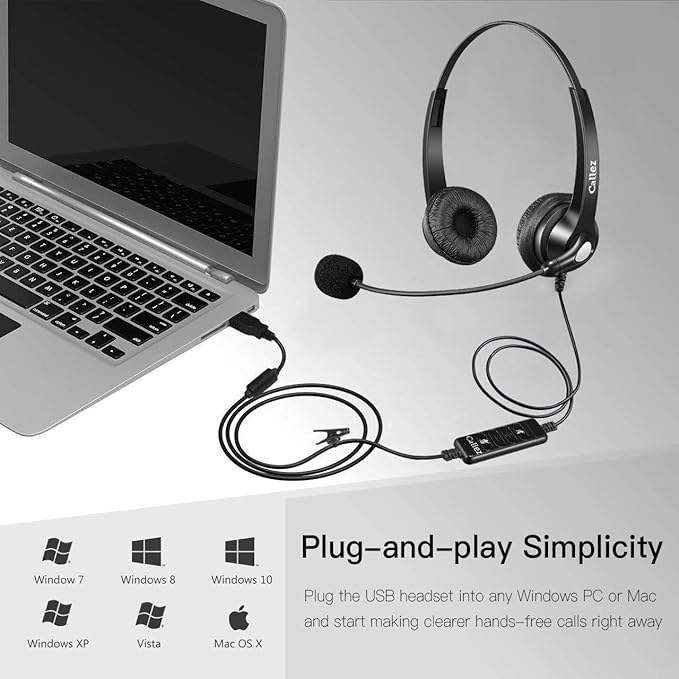 Callez USB Headset with Microphone Noise Cancelling & Audio Controls, Stereo Computer Headphones for Business Skype UC Lync Softphone Call Center Office, Clearer Voice, Super Light, Ultra Comfort