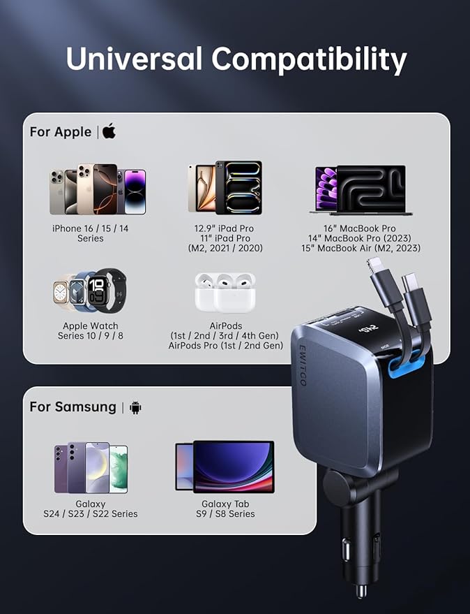 EWITGO Retractable Car Charger, Car Accessories, 72W Fast Charging USB C Car Charger with 4FT Retractable Cables and 2 Ports, for iPhone 16 15 14 13 12, Samsung etc Warm Grey