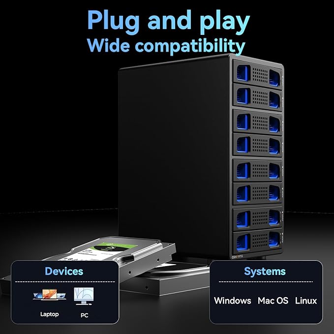 CENMATE Aluminum 8 Bay Hard Drive Enclosure with Cooling Fan for 2.5“/3.5" SATA HDD/SSD with USB A/C 3.0, Support Hot Swappable, Tool-Free HDD Enclosure, DAS(NO RAID/NAS)