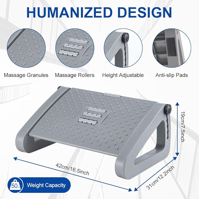 ZLMHYYM Foot Rest for Under Desk at Work - Six Heights Adjustable Under Desk Footrest - Ergonomic Foot Stools for Under Office Desks - Desks Foot Rest with Massage Rollers - Leg Rest for Chair (Gray)