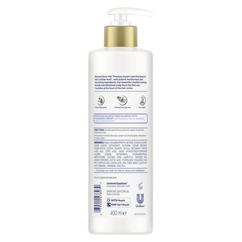Dove Hair Therapy Hydration Spa Shampoo for Dry Hair with Hyaluronic Serum, 13.5 Fl Oz