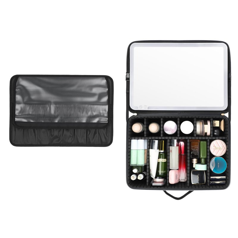 Tense Edano Extra Large PU Cosmetics Train Case with LED Lighted Mirror Rechargeable 3 Color Lights Portable Makeup Artist Organizer with Adjustable Dividers Shoulder Strap (Lighted Cosemtic Case)