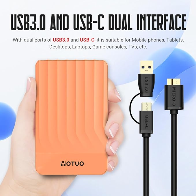 YOTUO Portable External Hard Drive Storage Expansion Mobile HDD USB 3.0 for PC, Mac, Desktop, Laptop, PS4, PS5, Xbox One X/S, Xbox 360, Xbox Series X/S, Office & Game (Orange, 1TB)