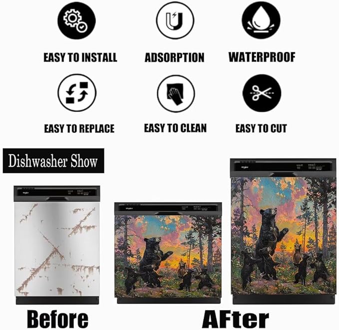 Dishwasher Magnet Cover, Forest Black Bear Family Magnetic Dishwasher Sticker for Kitchen Decoration 23x17in Fridge Panel Vinyl Decal Farmhouse Refrigerator Cover