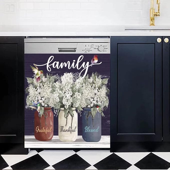 Bless This Home Dishwasher Magnet Vinyl Panel Fridge Decal,Flower Birds Dish Washer Cover Refrigerator Magnetic,Kitchen Decor Sticker Home Appliance Magnets 23"x26"