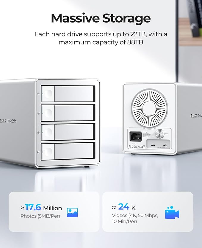 ORICO 4-Bay Hard Drive Enclosure USB 3.2 Gen 2 Aluminum DAS Enclosure USB-C Expansion, Max Up to 264TB, 3.5-Inch HDD, 150W Power Supply - 9948C3