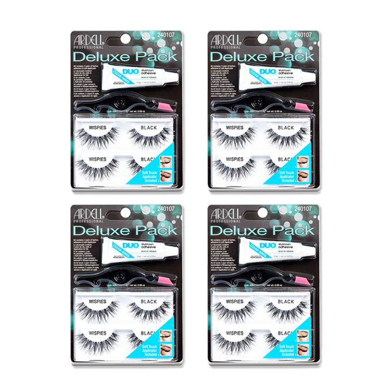 Ardell False Eyelashes Wispies Deluxe Pack - Natural Volume Lashes with Adhesive & Applicator | 4 Pack, Black