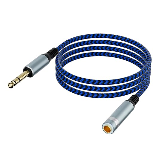 LDKCOK 10ft 1/4 Inch TRS Extension Cable, 6.35mm Male to Female Stereo Audio Cord, Heavy Duty Nylon Braided Headphone Adapter for Guitar, Amp, Studio Monitor, Mixer & Home Theater - Blue/Black