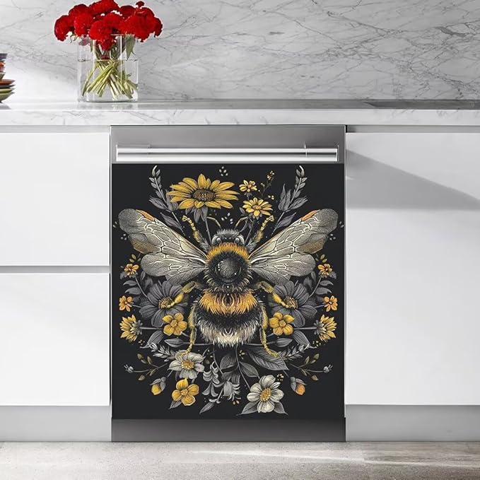 Flower and Bee Painting Dishwasher Magnet Cover Sticekr - Kitchen Decorative Fridge Panel Decal - Kitchen Appliances Decorate Sticker - 23W x 17H inchs